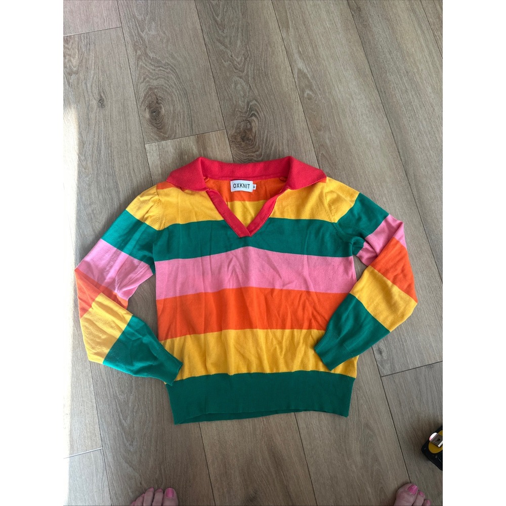 Oxknit Womens Rainbow Striped Polo Sweater V-Neck Long Sleeve Multi-Color Size M